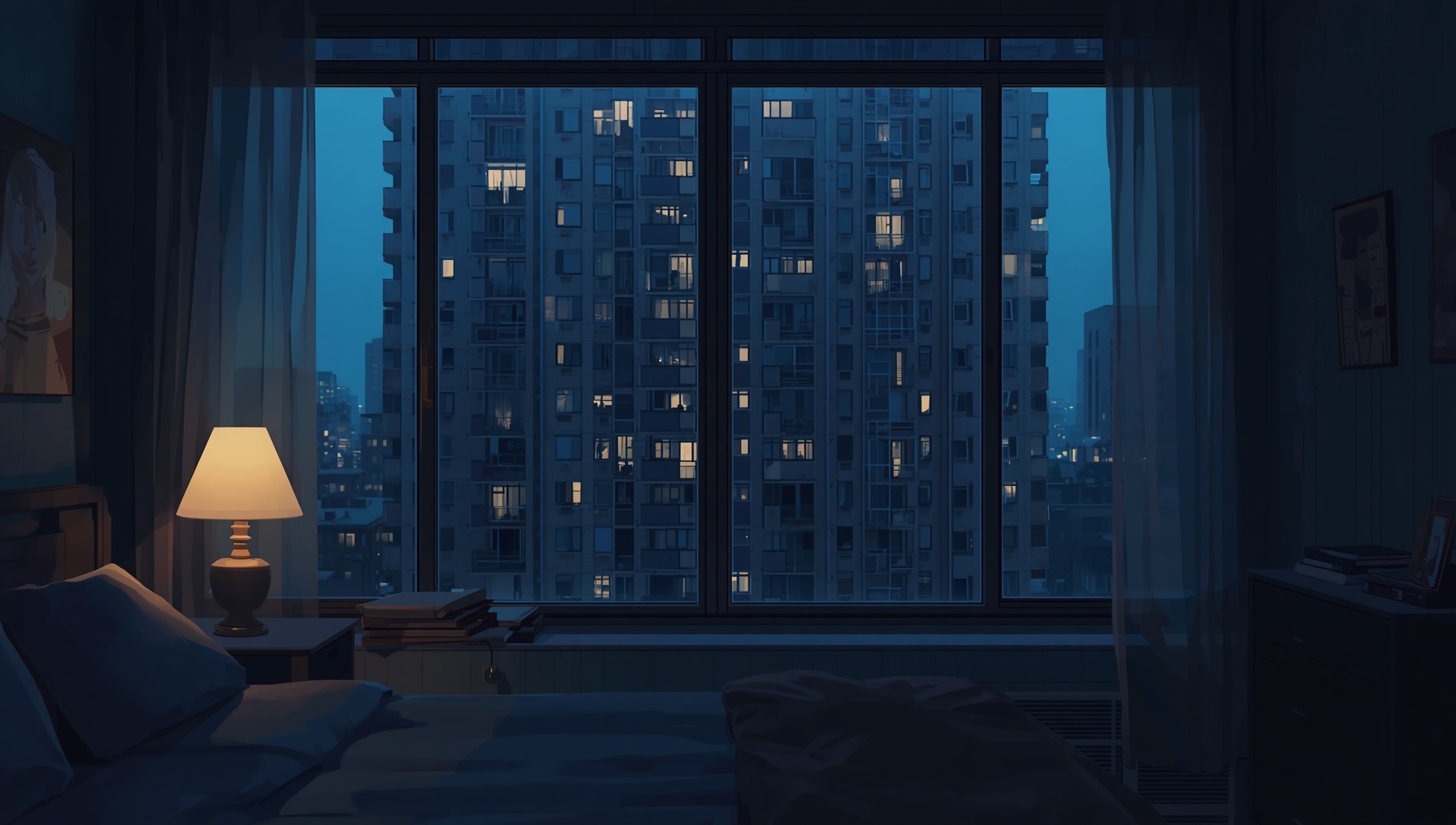 An apartment block's lit windows at blue hour, seen from a cozy room with a warm lamp