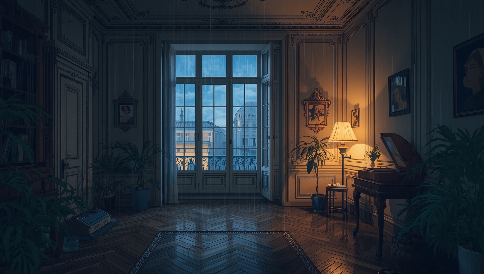 Tall double doors in an old European apartment at night, herringbone parquet, plants and one desk lamp