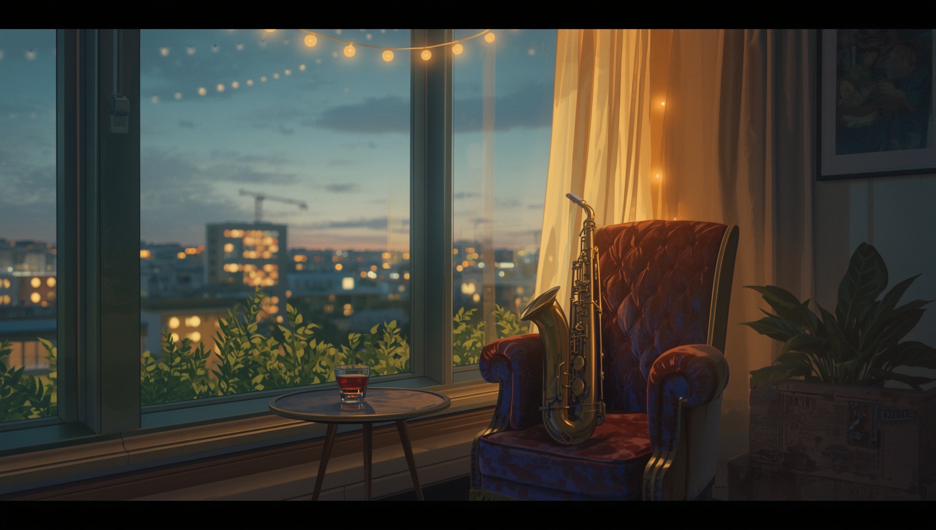 A velvet armchair and a saxophone on its stand beside a tall window, string lights and city lights at dusk