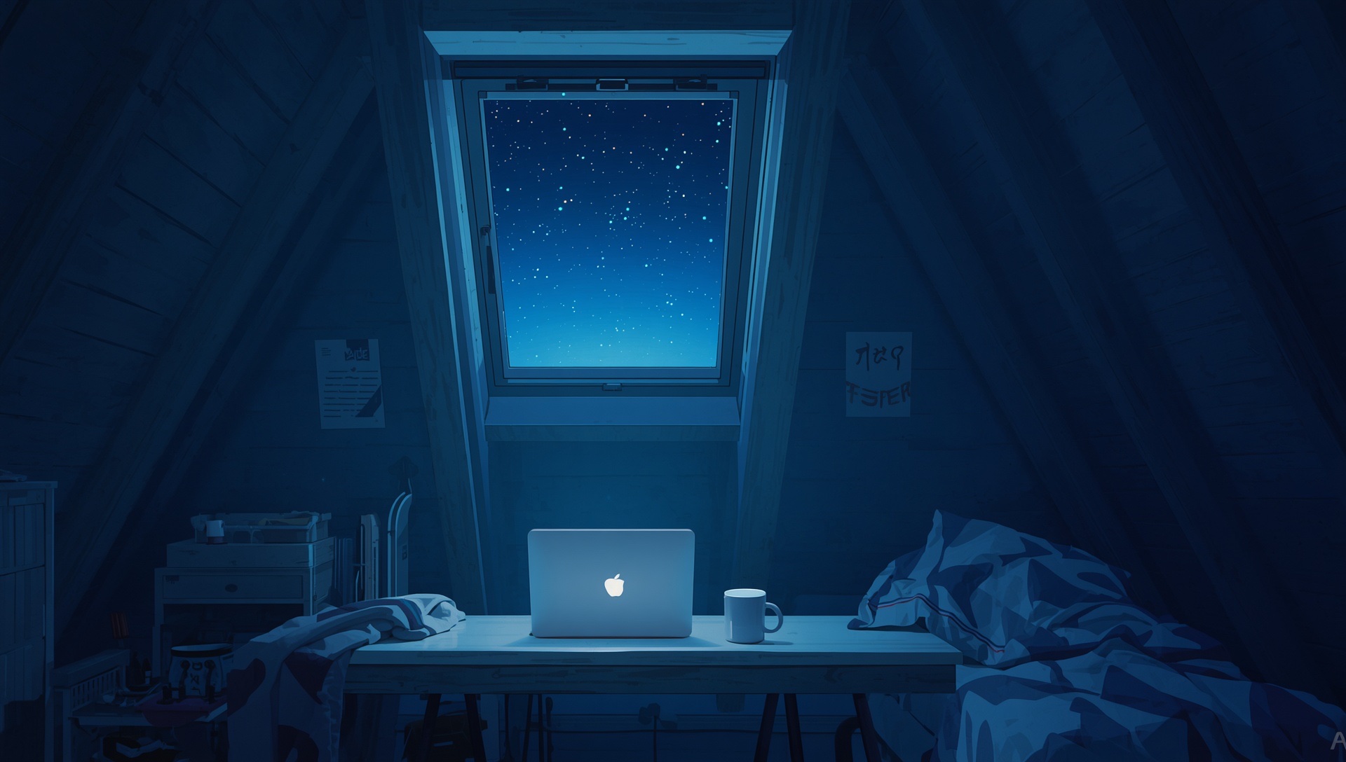 An attic workspace under a skylight, a glowing laptop on a desk in deep blue night