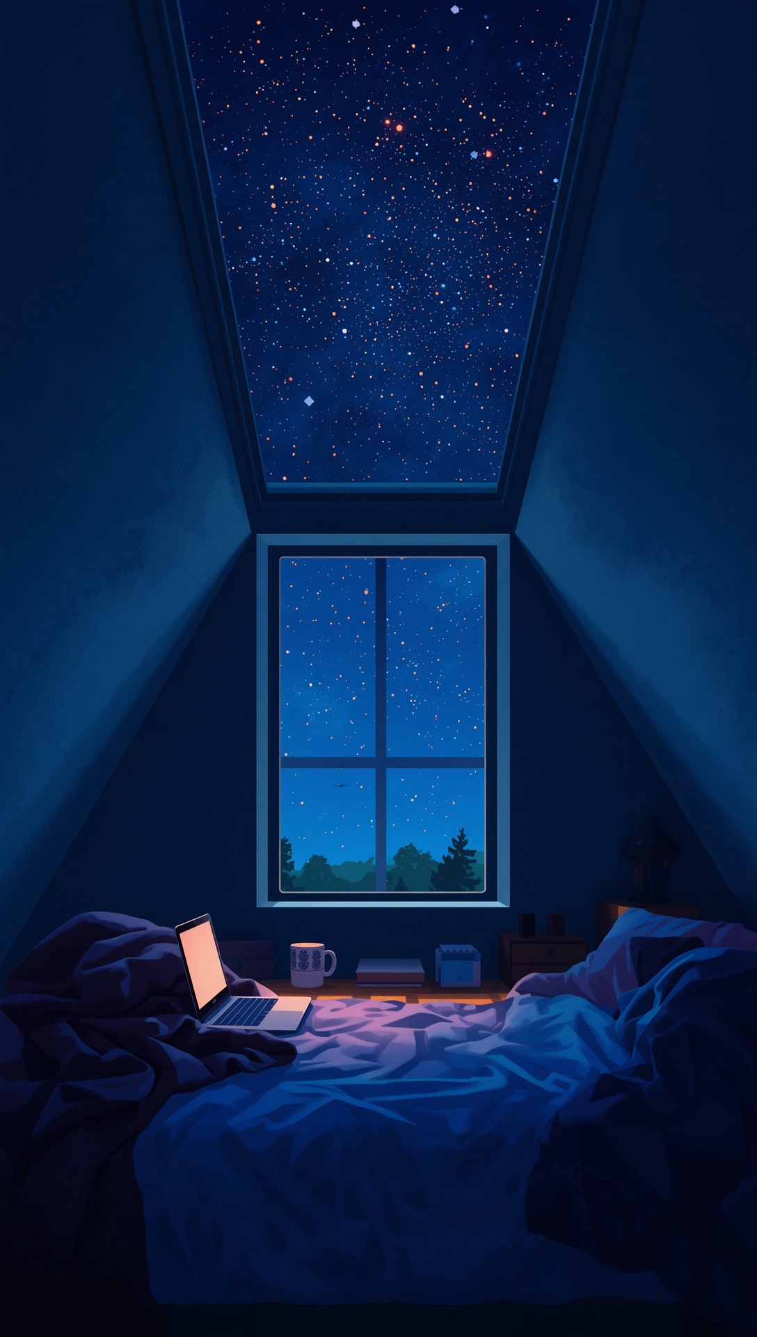 An attic room with a slanted skylight full of stars and a laptop glowing on the bed