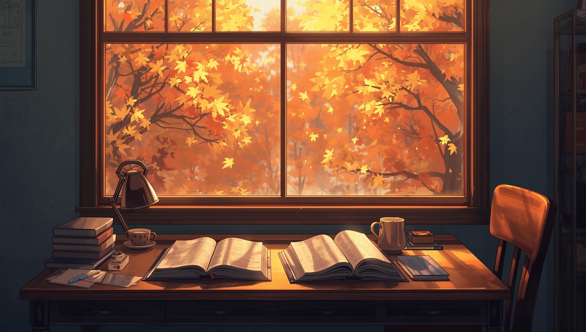Open books and warm light on a desk, orange maple leaves filling the window