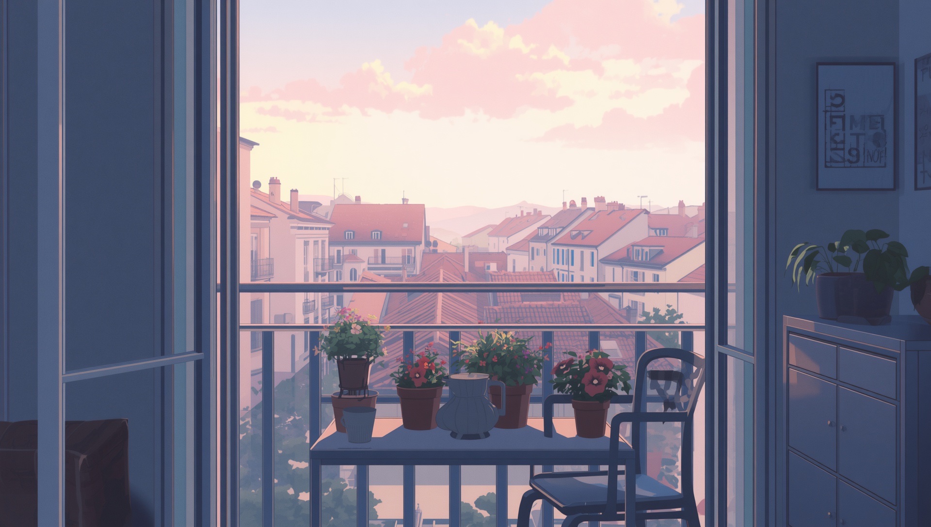 A small balcony with potted flowers and a bistro table, a pastel sunrise over a European town