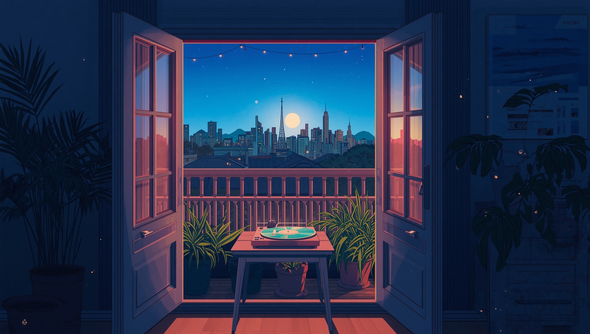 Balcony doors open onto a starry city skyline, a record player on a small table and plants on the rail