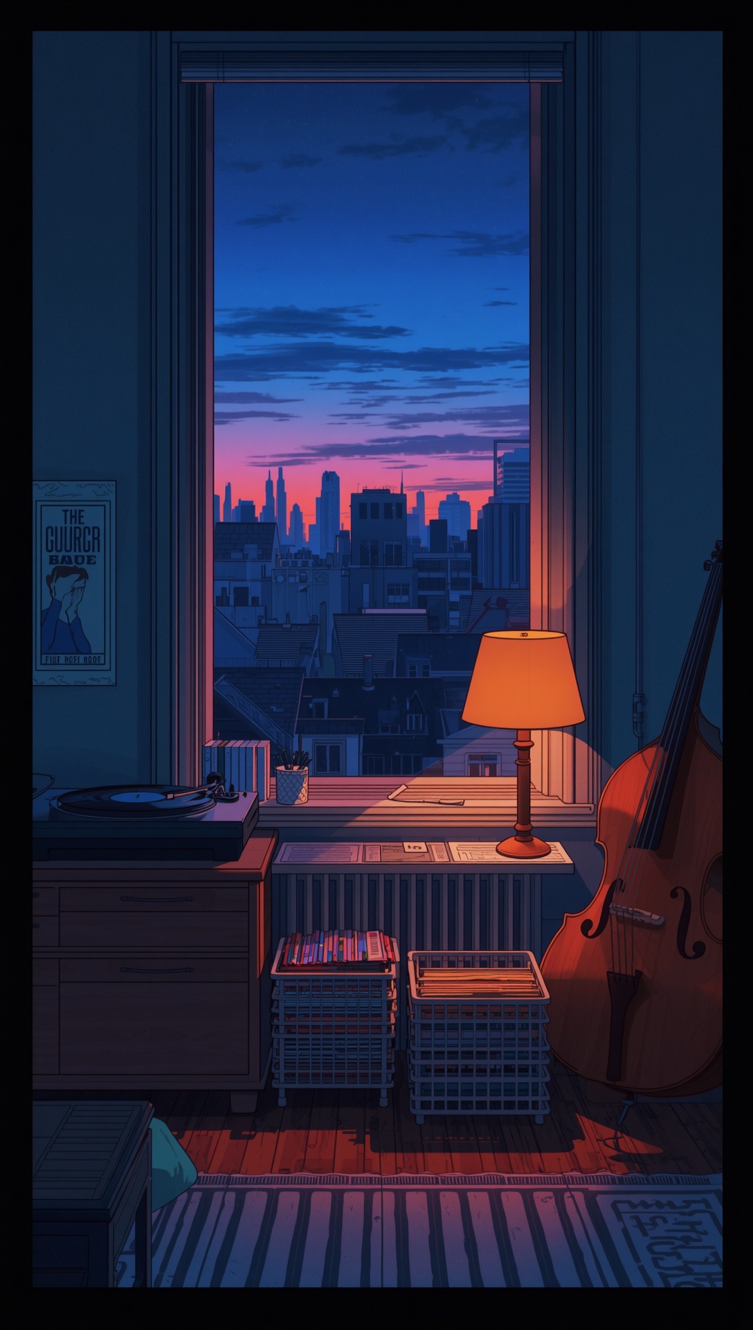 An upright bass and a lamp beside a tall window, a blue-hour city skyline outside