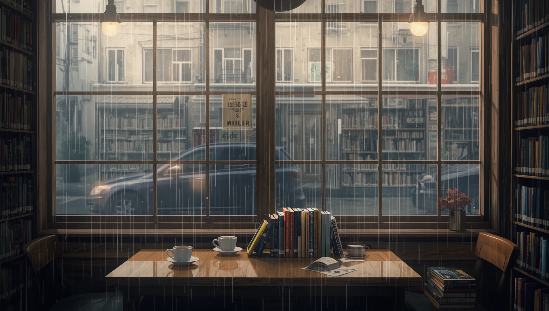 A table with coffee cups in a bookstore café, shelves of books and a rainy window