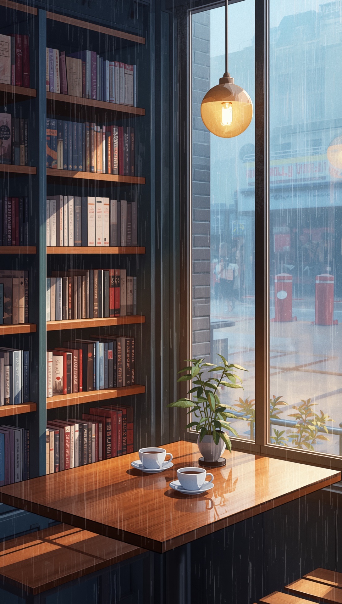 A table with coffee cups by a tall bookstore window, shelves of books and rain outside