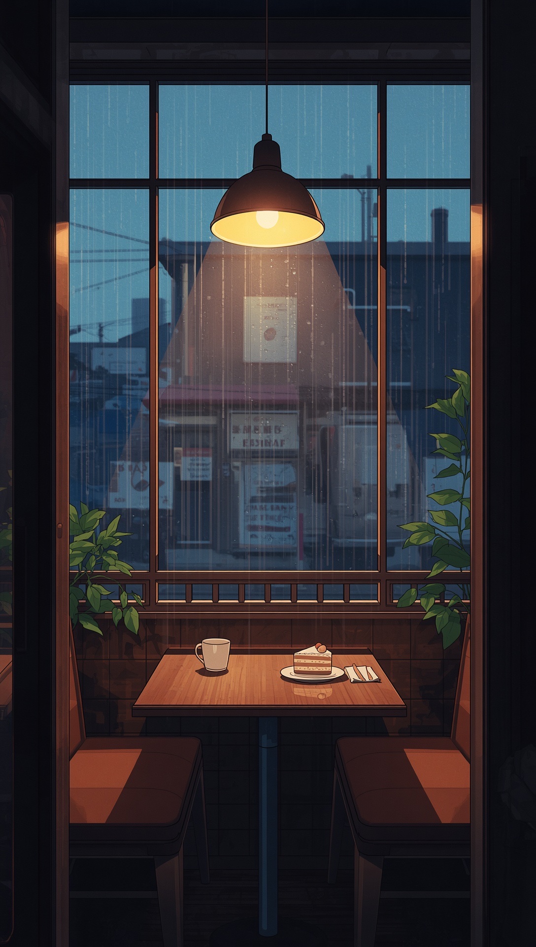 A café booth under a pendant lamp, rain falling on the street outside the window