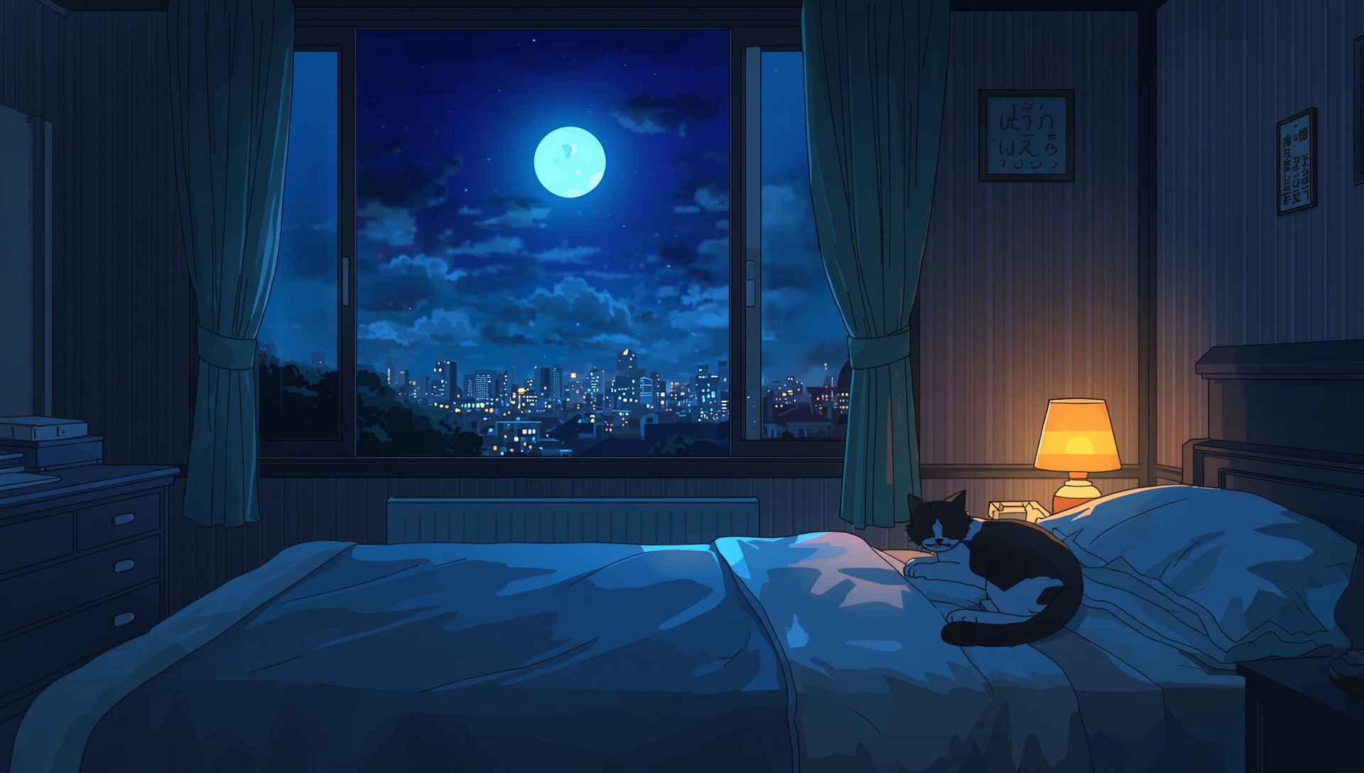 A cat asleep on a bed under a bright moon, a small lamp glowing and city lights far off