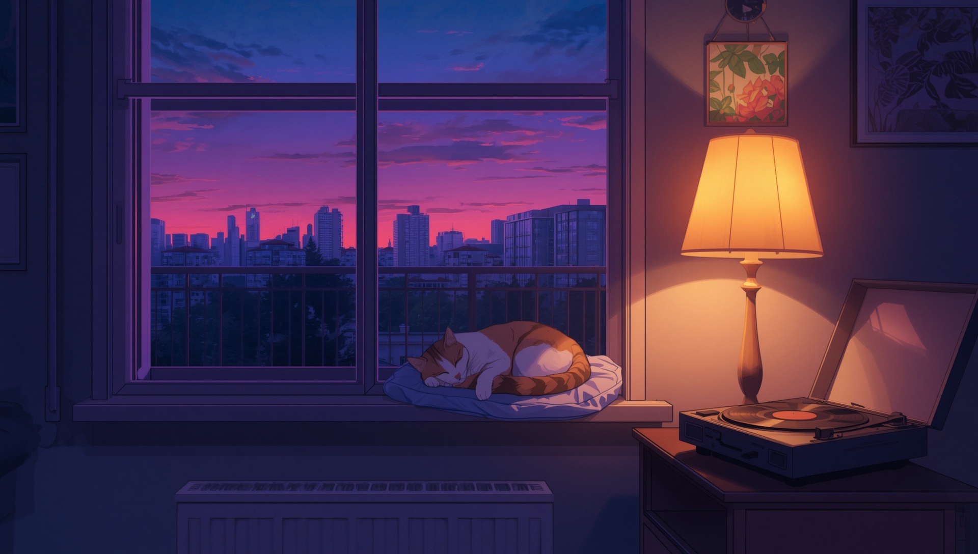 A cat asleep on a windowsill cushion beside a record player and a glowing lamp, a violet skyline outside