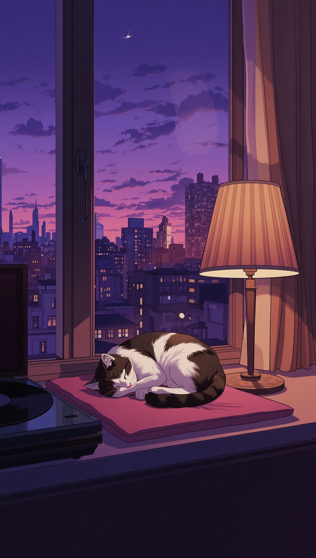 A black and white cat asleep under a lamp on a windowsill, a violet skyline outside