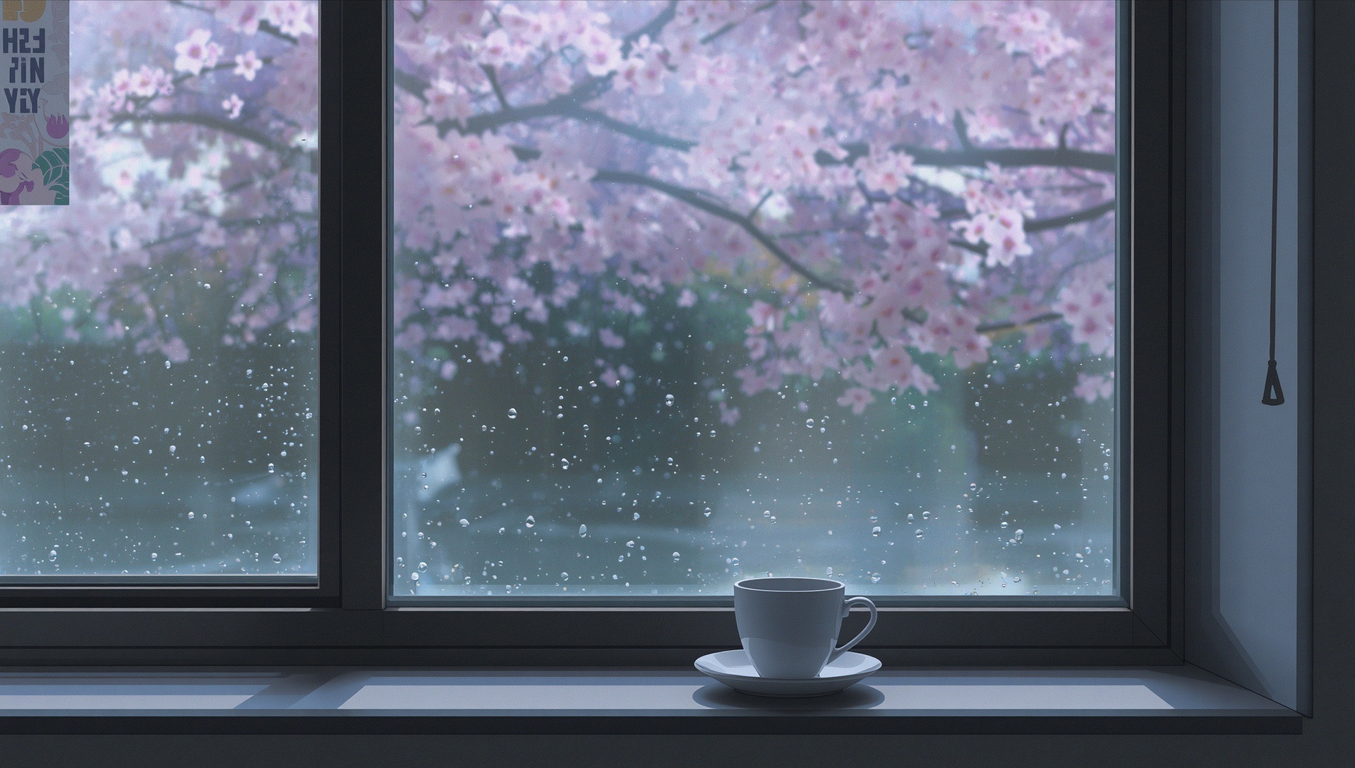 A cup of coffee on a rainy windowsill with cherry blossoms outside