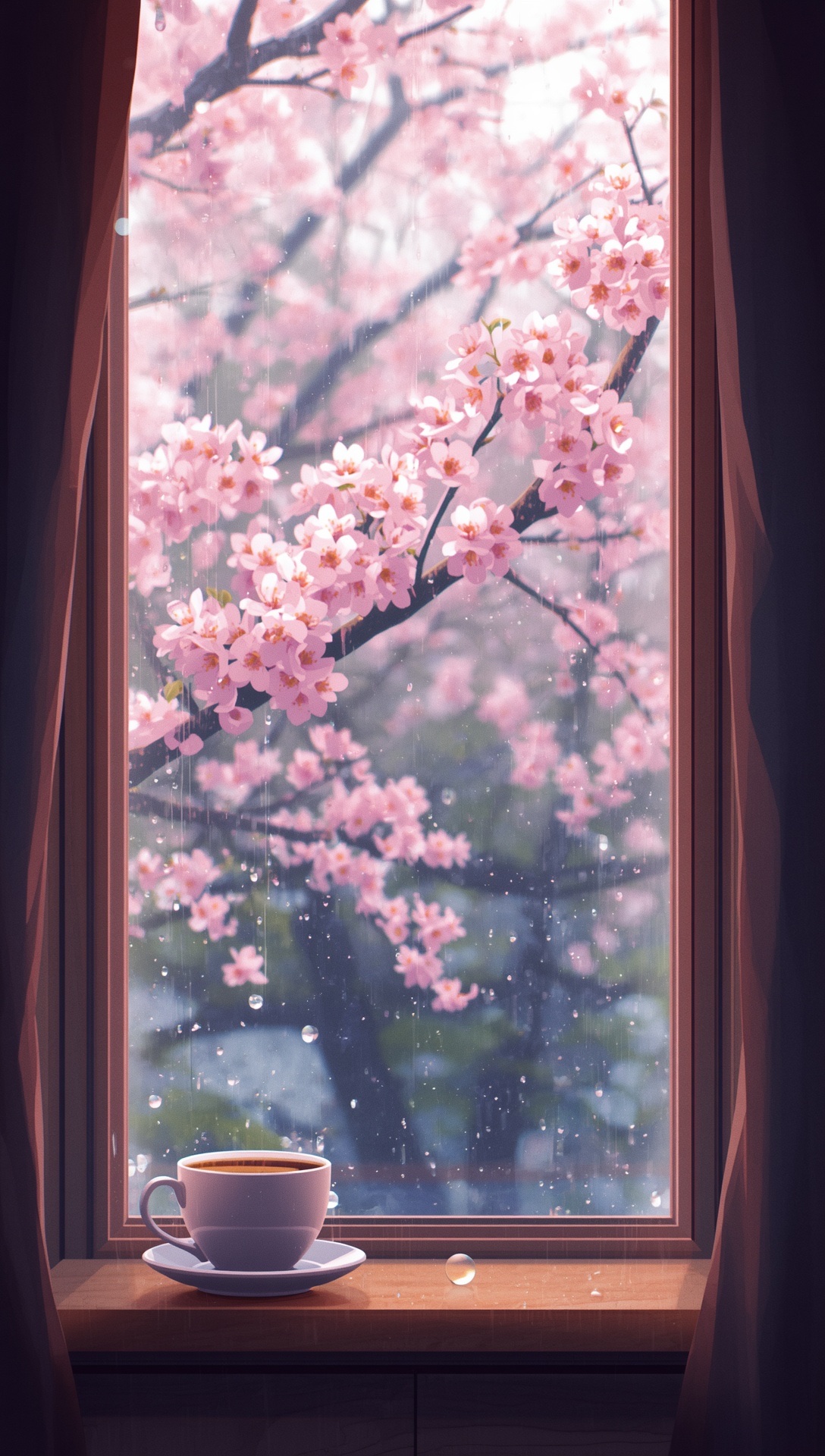A coffee cup on a windowsill framed by pink cherry blossoms in the rain