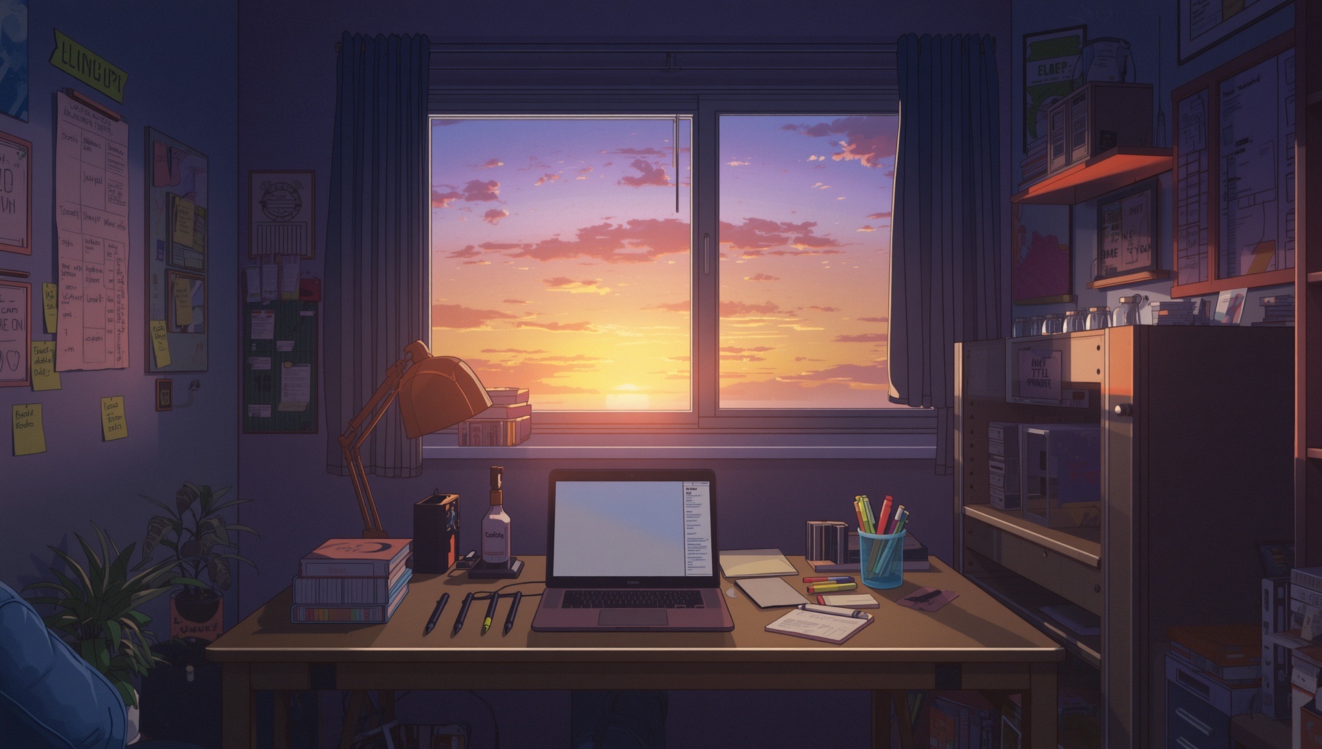 A dorm room desk with a laptop and notes, a pink sunset over the city
