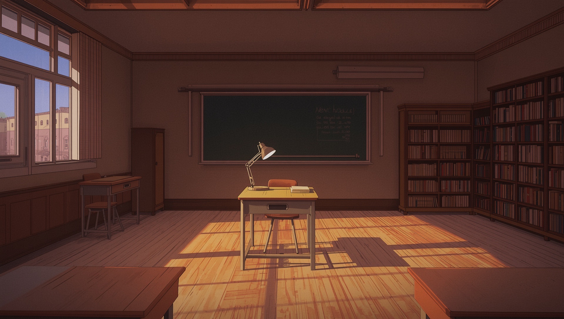 An empty classroom after hours, one desk with books and a lamp in warm dusk light