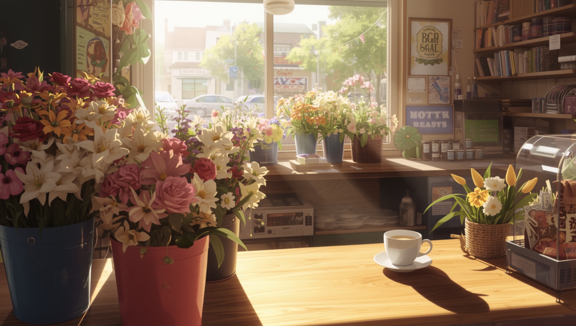 Buckets of fresh flowers in a sunny flower shop window, a coffee cup on the wooden counter