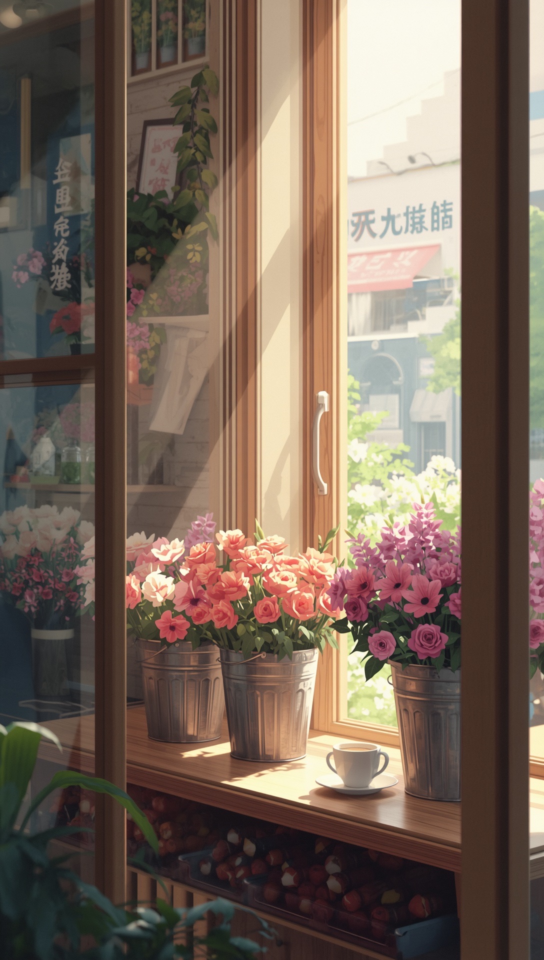 Pots of pink and white flowers along a sunny shop window