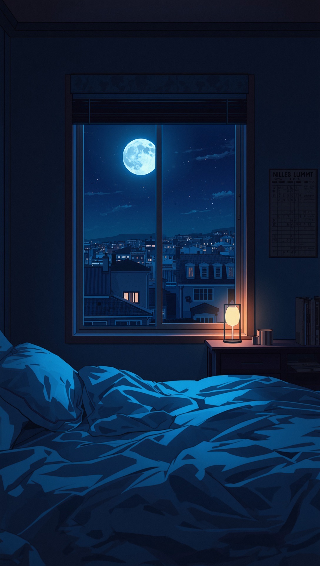 A bedroom at night with a full moon in the window and blue light on the covers