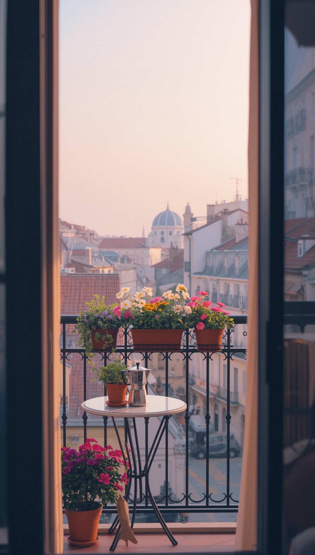 Red geraniums and a moka pot on a small balcony over a sunrise town