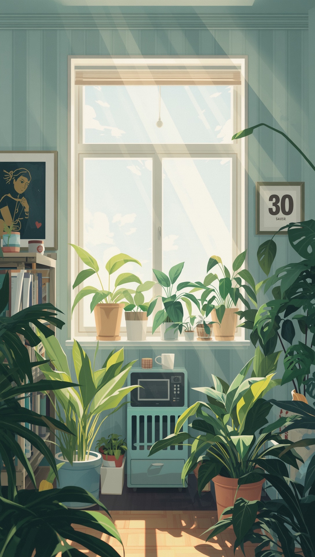 A sunlit room full of potted plants around a tall window
