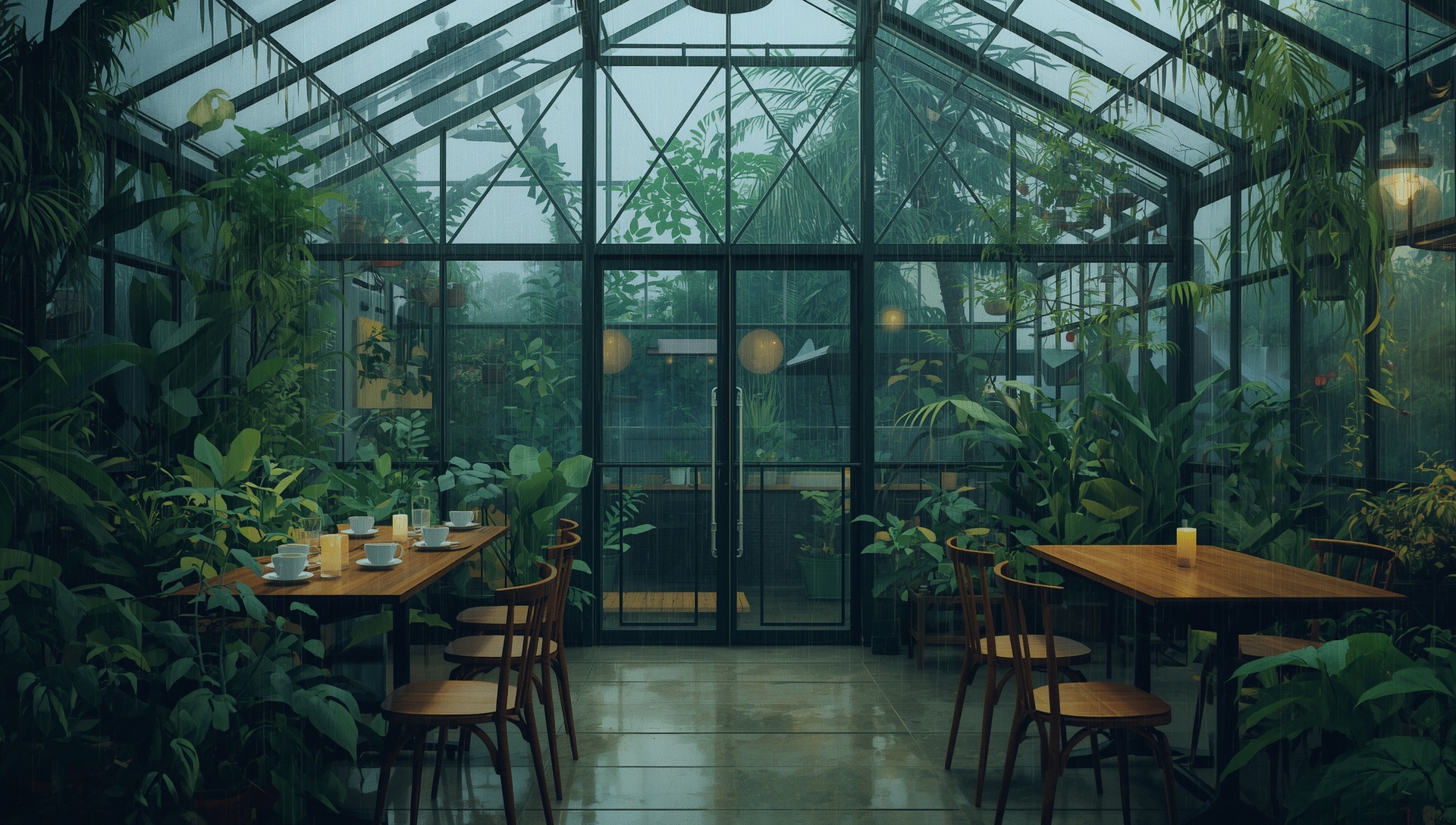 A café under a glass roof full of plants, candles on the tables and rain outside
