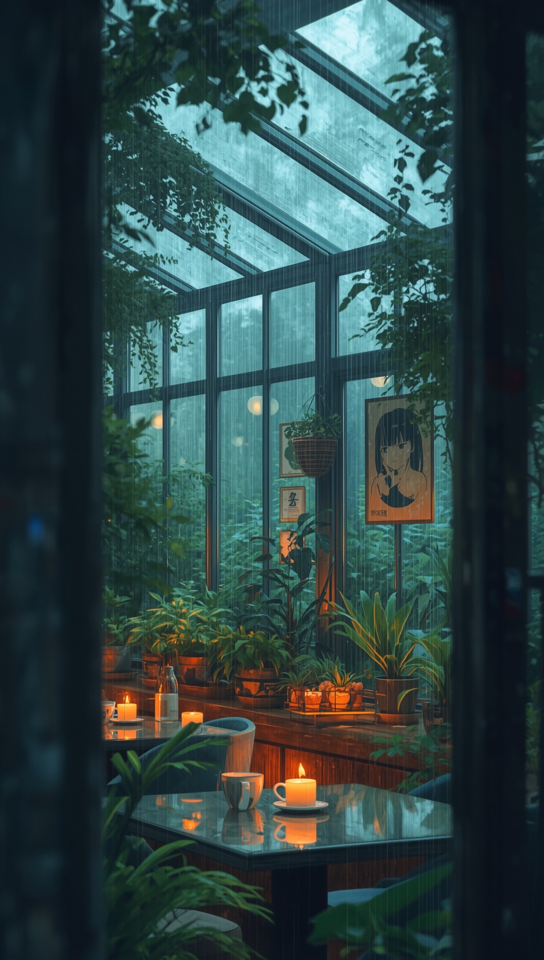 Candles on café tables inside a plant-filled glass greenhouse in the rain