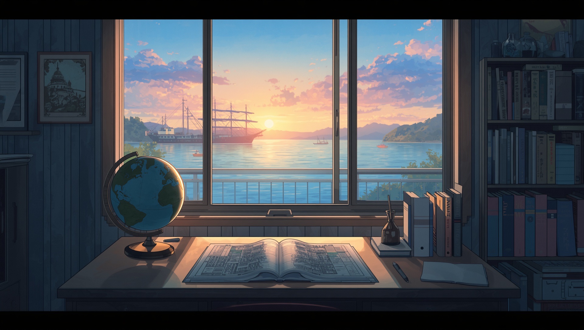 A desk with a globe and maps by a window over a harbor at sunset