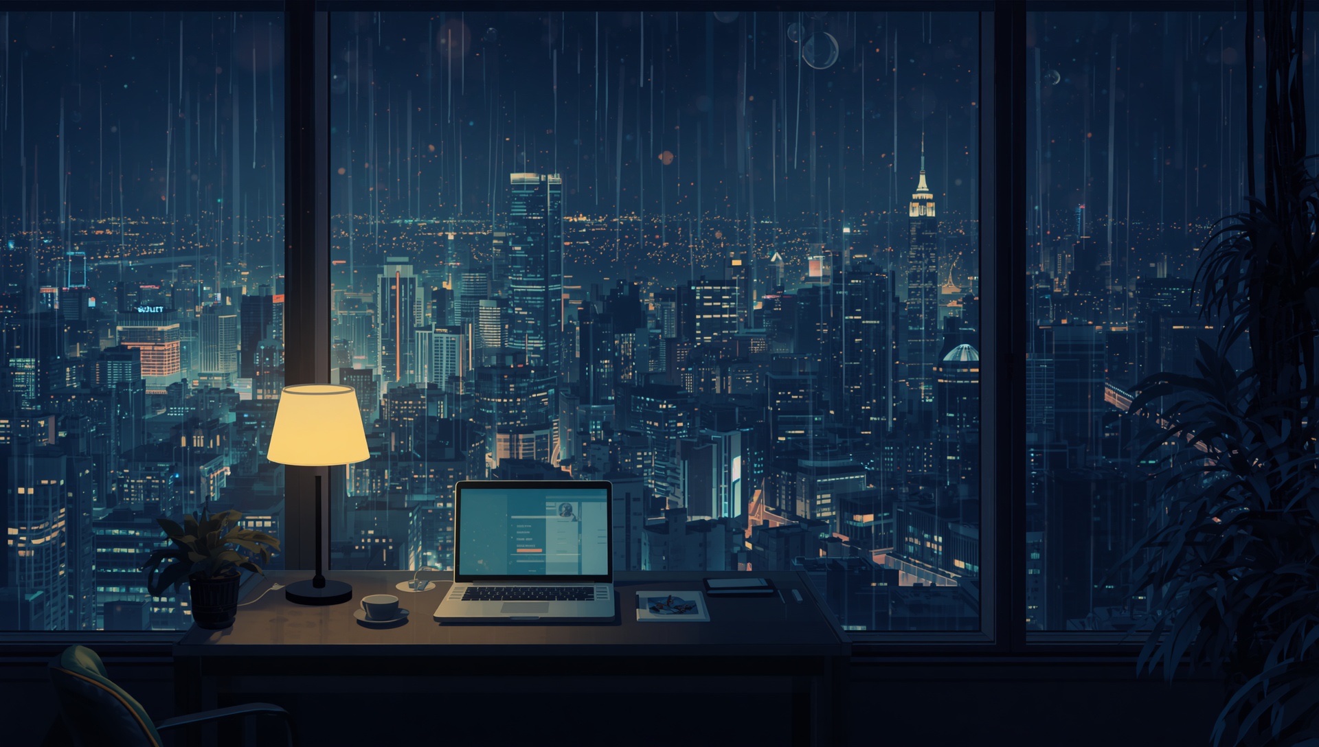 A desk with a laptop and a warm lamp high above a rainy city at night