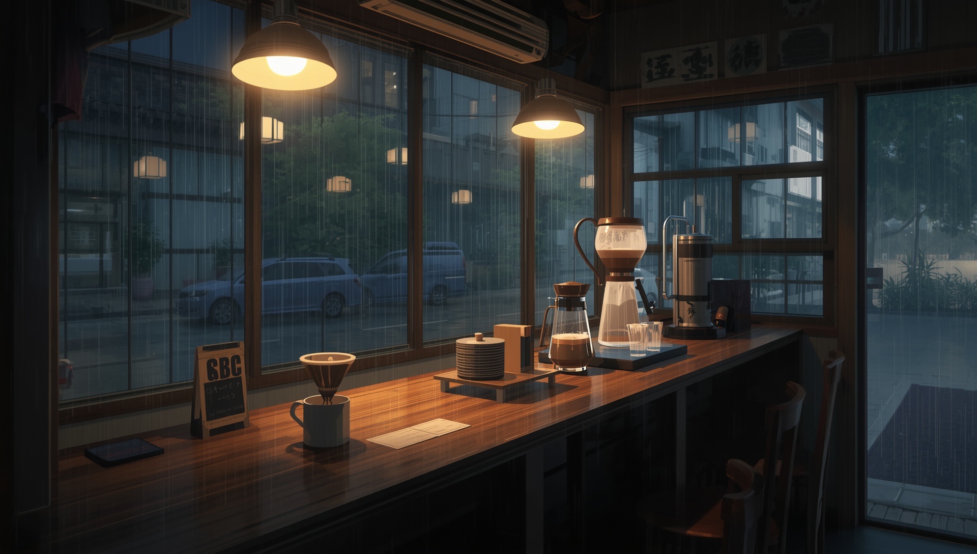 A wooden counter in a Japanese coffee shop with a siphon brewer, rain on the windows