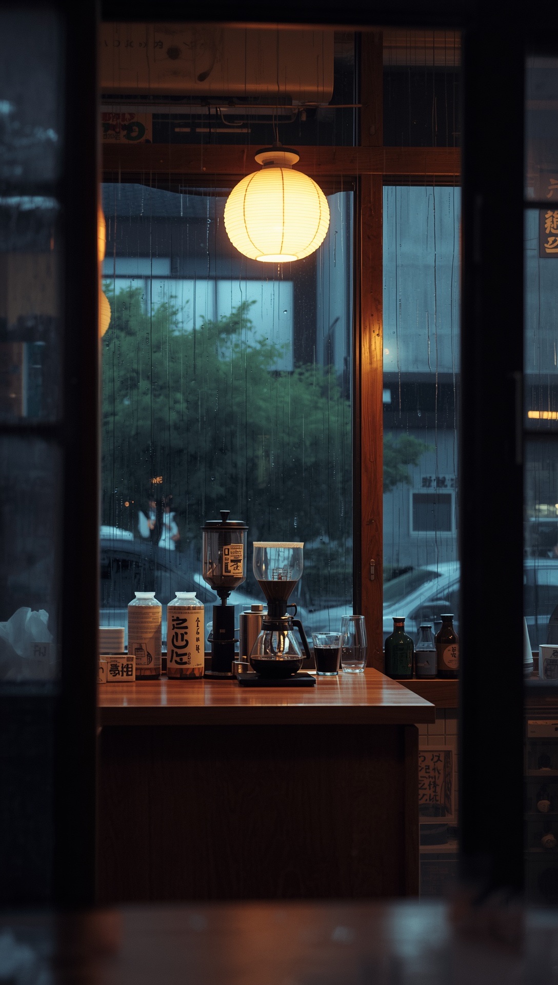 Paper lanterns over a coffee counter in a Japanese café, rain outside the window