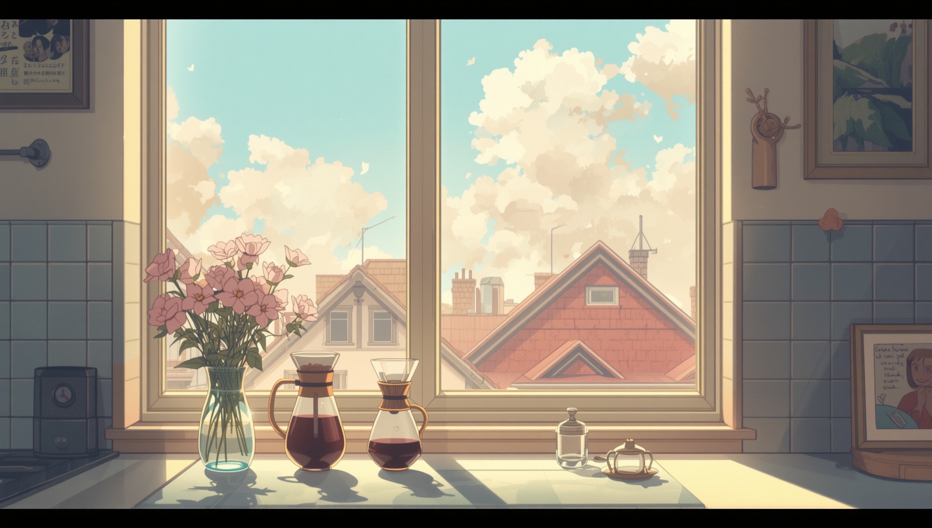 A sunny kitchen windowsill with pink flowers in a vase, a pour-over coffee set and red rooftops outside