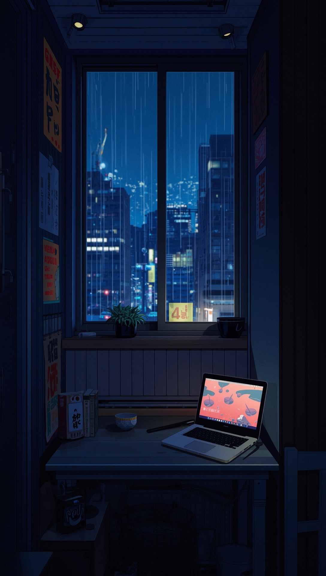A laptop on a small desk by a rainy window, city towers lit up outside