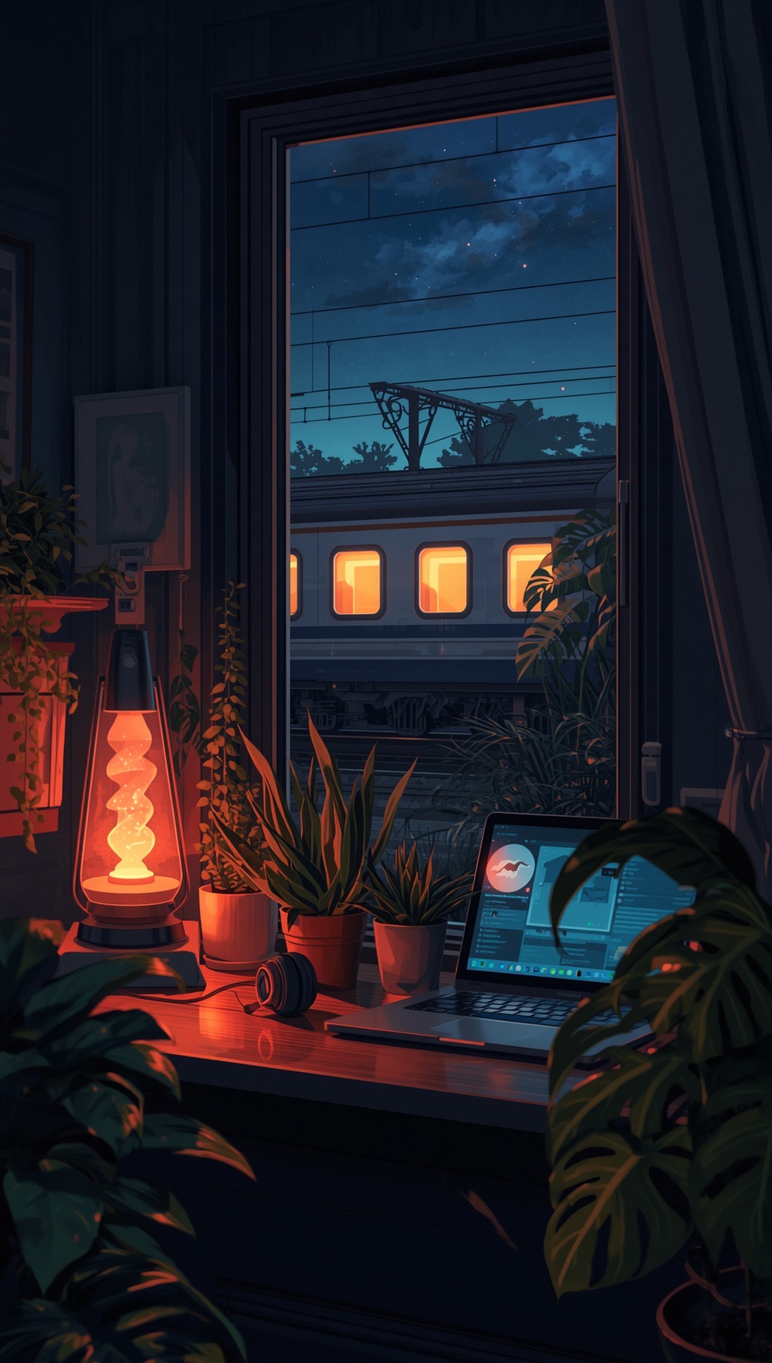 A lava lamp and a laptop among plants, a lit train passing outside the window