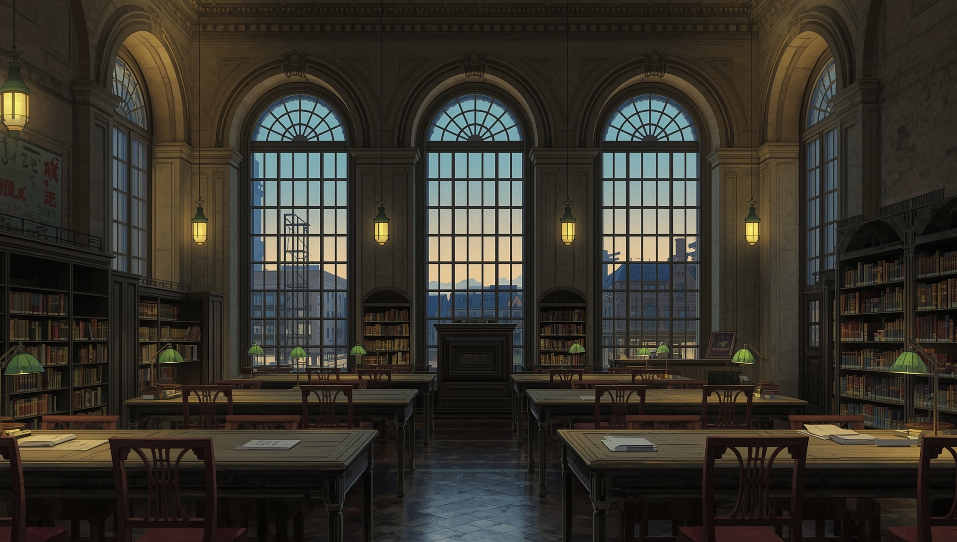 A reading room with tall arched windows and rows of desks with green lamps at dusk