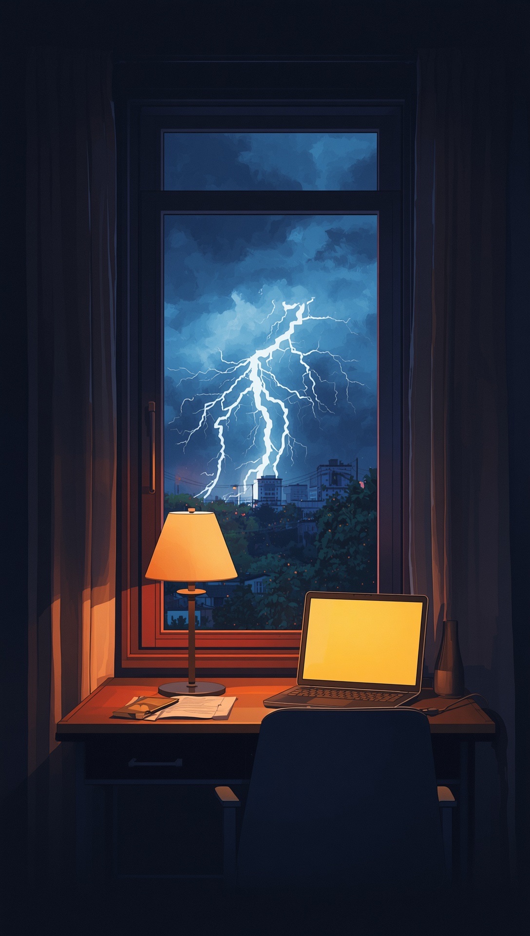 A lamp and a laptop on a desk by a window as lightning strikes over the city