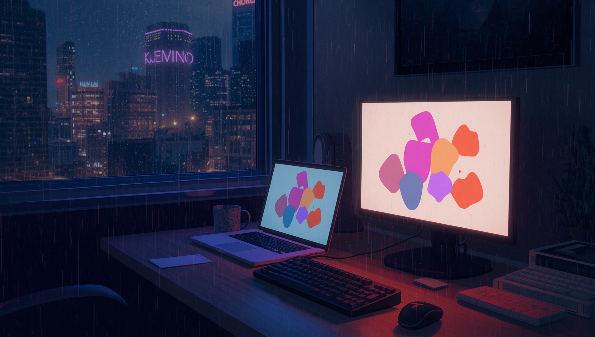 A desk at midnight with a laptop and a monitor showing colourful abstract shapes, city lights outside