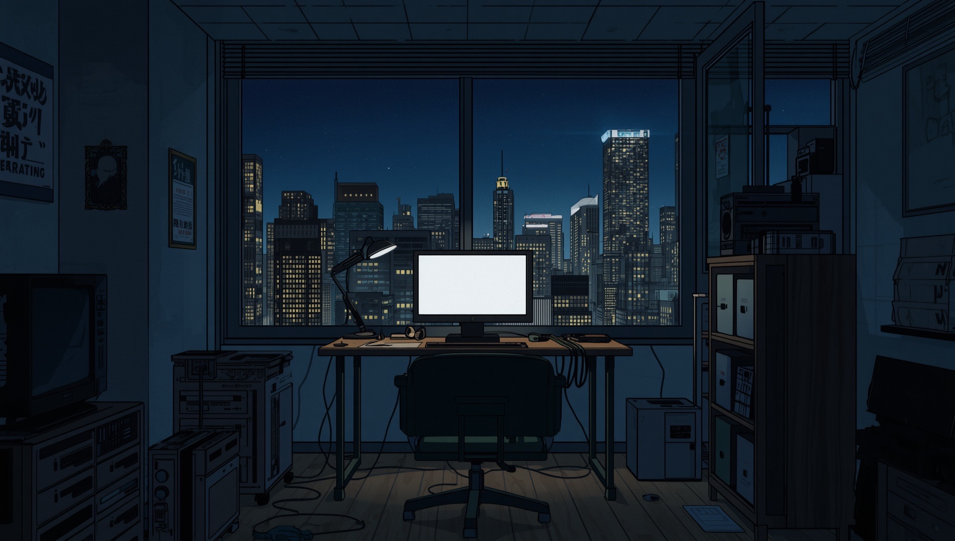 A small room at night lit by a monitor and a desk lamp, skyscrapers through the window