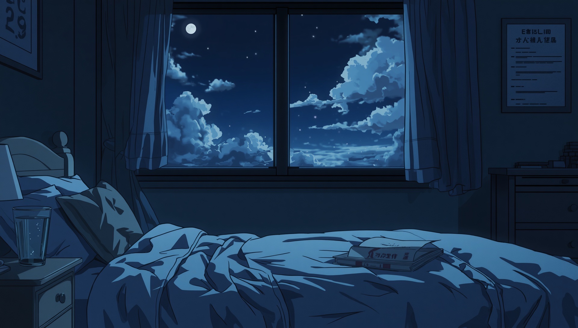 A dark bedroom with a window full of moonlit clouds