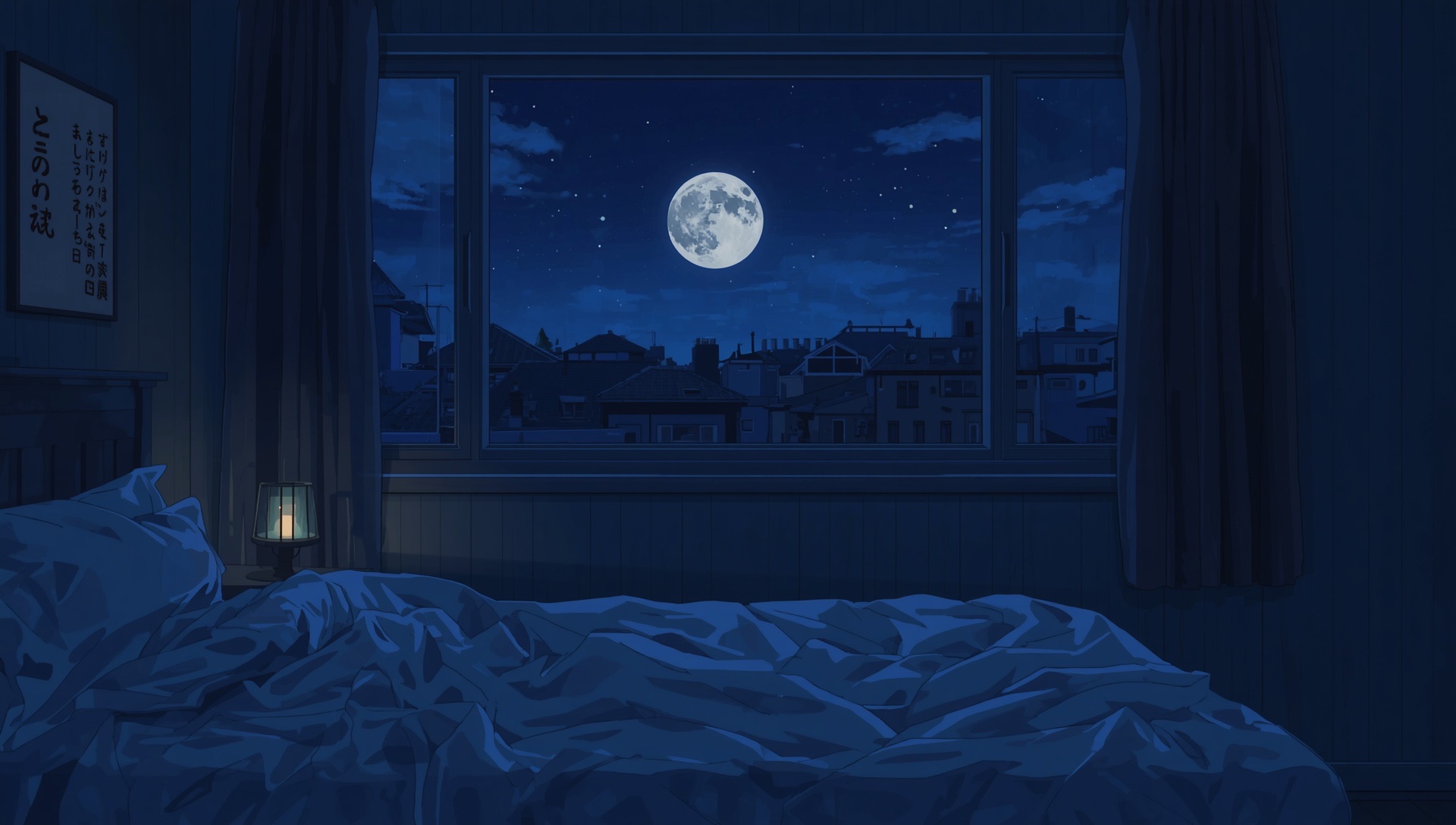 A quiet bedroom at night, a full moon in the window and soft blue light on the blankets
