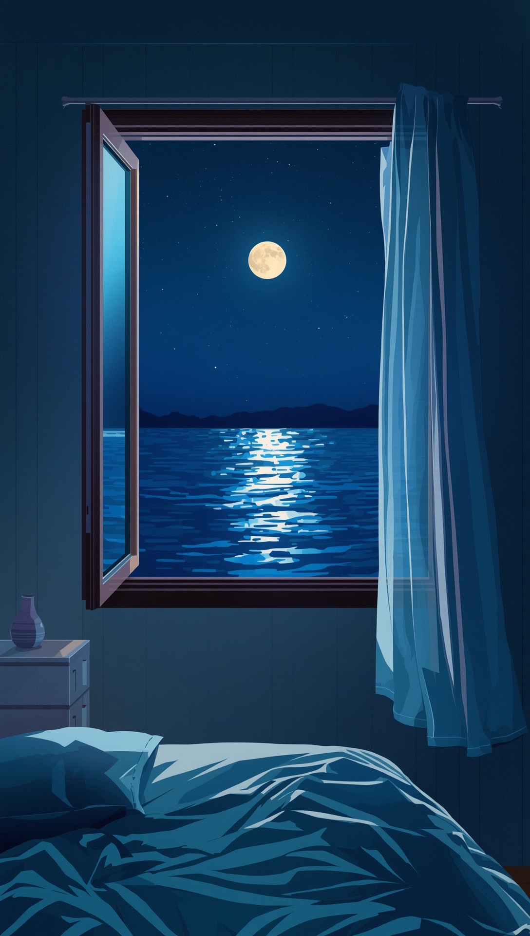 An open window over the sea at night, the moon reflected on the water, blue bedsheets