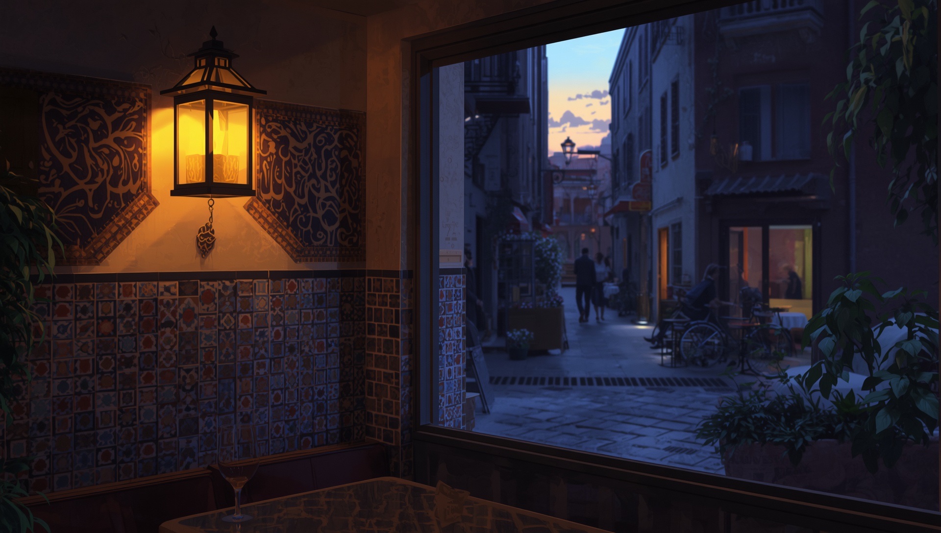 A tiled café corner with a hanging lantern and a view onto a quiet evening street