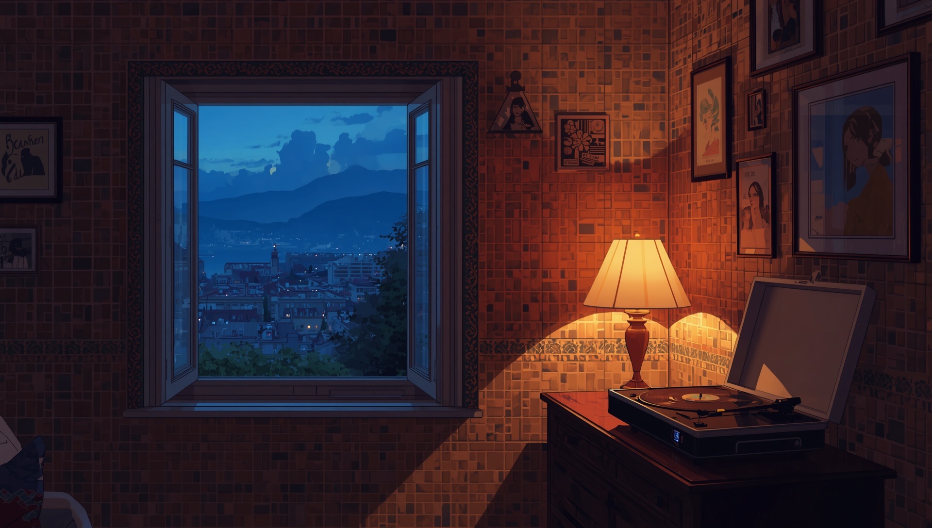 A room with warm mosaic-tiled walls, a lamp and a record player, the city at blue hour in the window