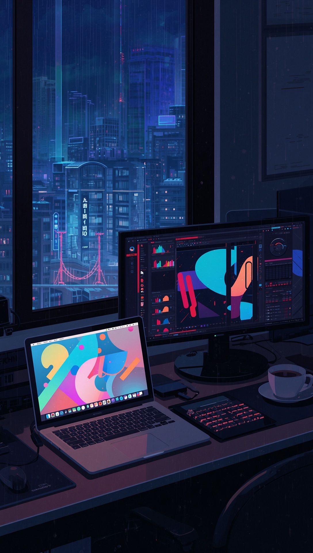 A laptop and a monitor with colourful shapes on a desk, a neon-lit city at night outside