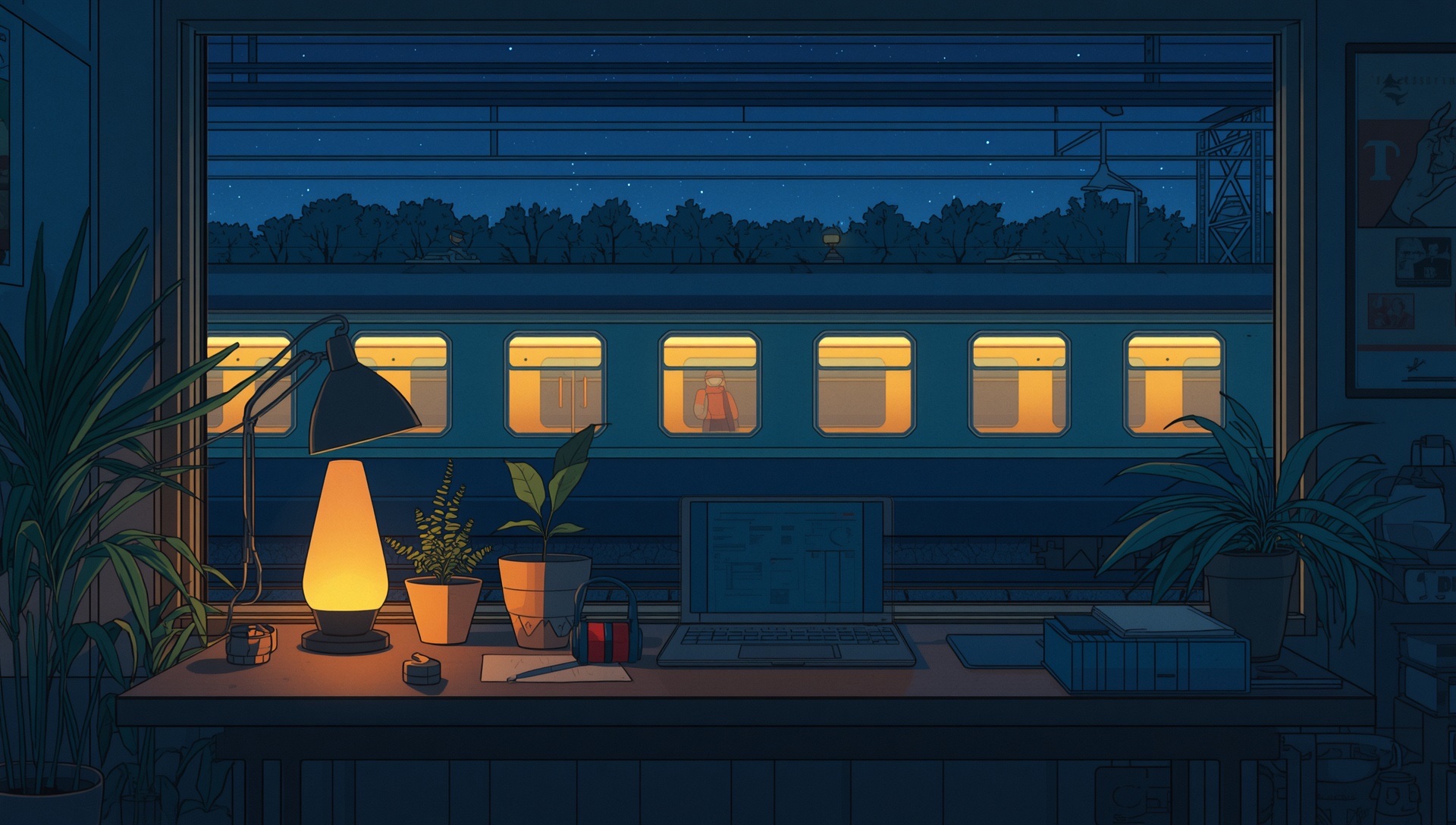 A desk with a lava lamp and a laptop as a lit night train passes outside the window