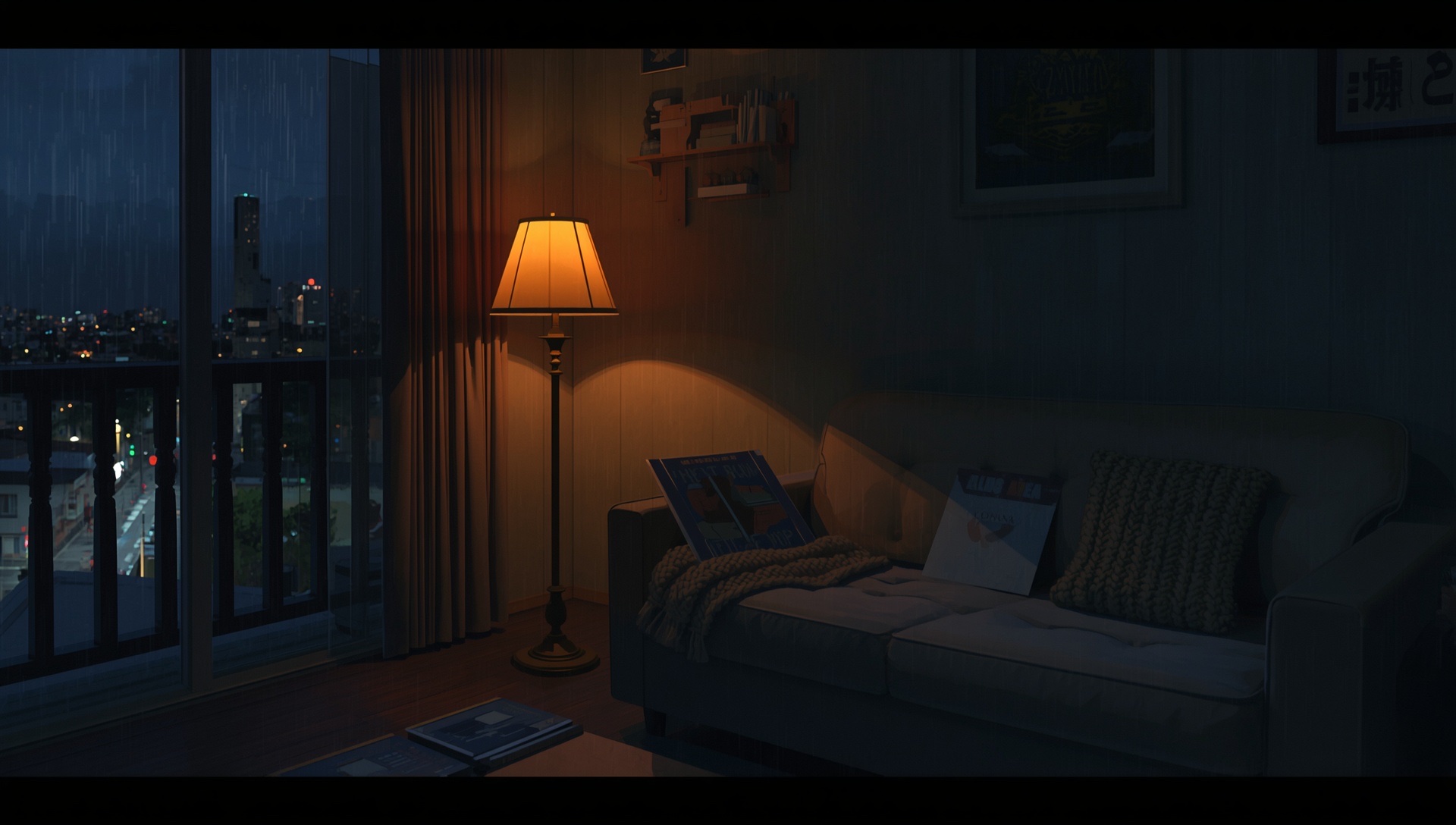 A dim living room lit by a single amber floor lamp, an old sofa and city lights through the window