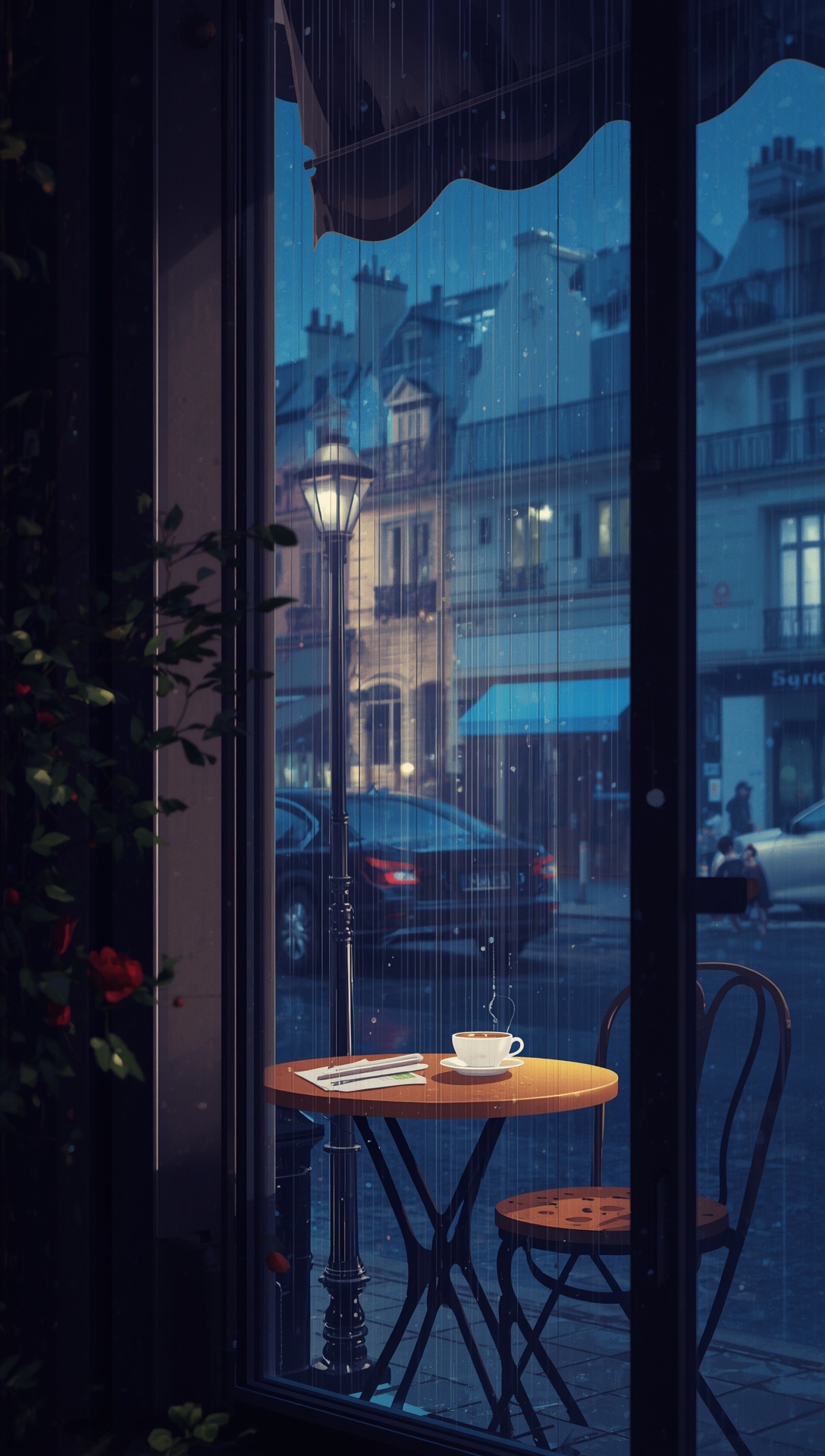 A bistro table with an espresso under a dripping awning on a rainy blue Paris street