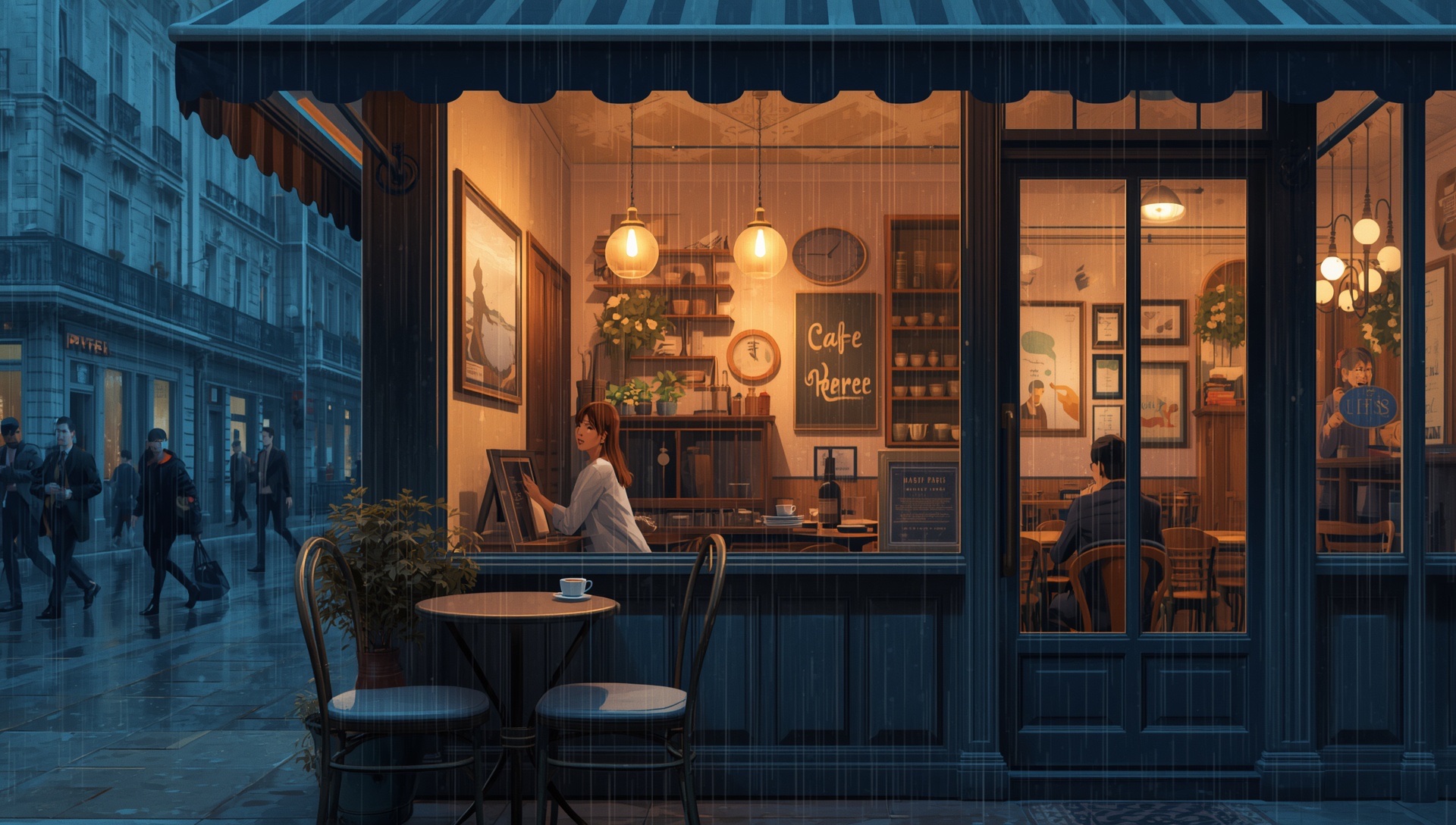 A warmly lit Parisian café on a rainy blue-hour street, a bistro table outside