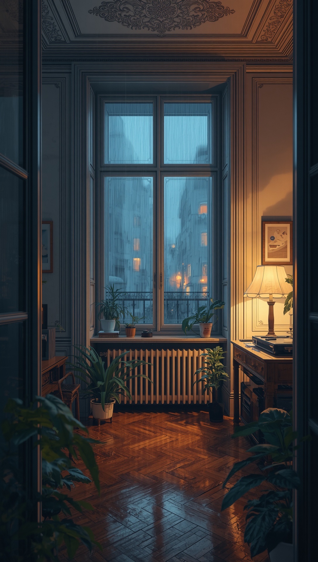 An old apartment with herringbone parquet, tall windows and a small lamp at night