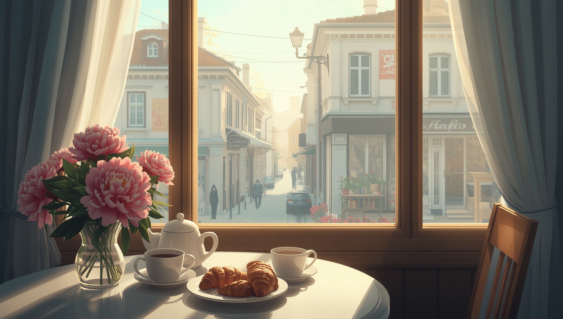 A breakfast table by the window with peonies, croissants and coffee, a hazy old-town street beyond