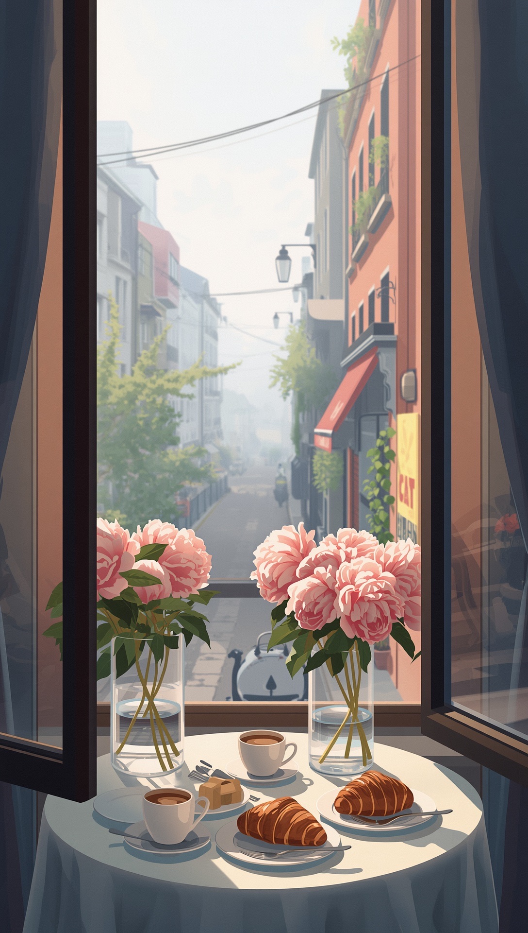 Pink peonies, croissants and coffee on a white table by an open window over an old street